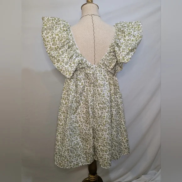 Green Floral Patterned Mini V Neck Puff Sleeve Babydoll Dress L - Picture 8 of 15